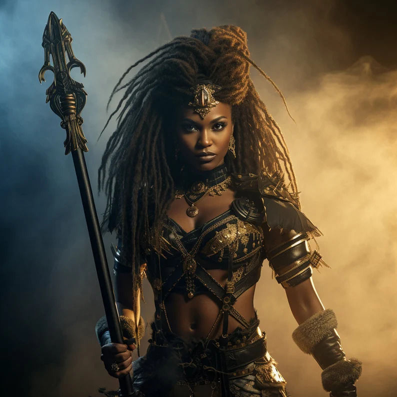 An awe-inspiring cinematic image captures the essence of a fearless Zulu warrior, a powerful and muscular woman with a stunning face adorned...
