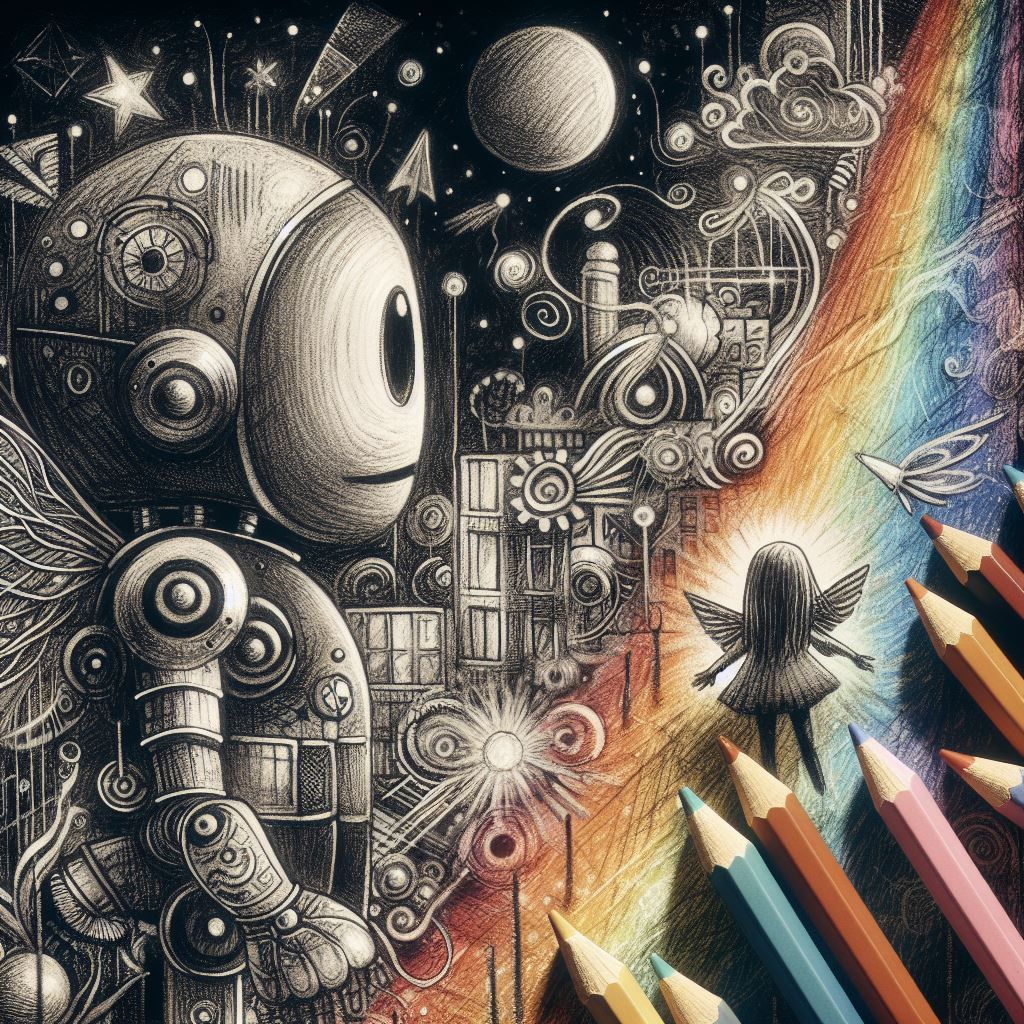 Kids Crayon drawings ,surreal (child's drawing )of a goth woman in pain swimming in  blackness, skulls,rose, symbols   rayograph Man Ray co...