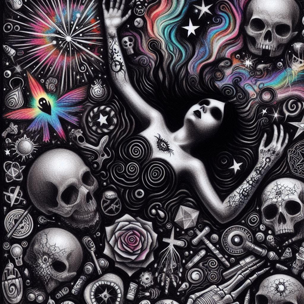 Kids Crayon drawings ,surreal (child's drawing )of a goth woman in pain swimming in  blackness, skulls,rose, symbols   rayograph Man Ray co...