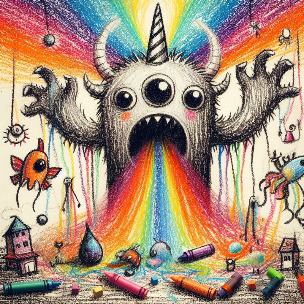 Kids Crayon drawings ,surreal (child's drawing )of a goth woman in pain swimming in  blackness, skulls,rose, symbols   rayograph Man Ray co...