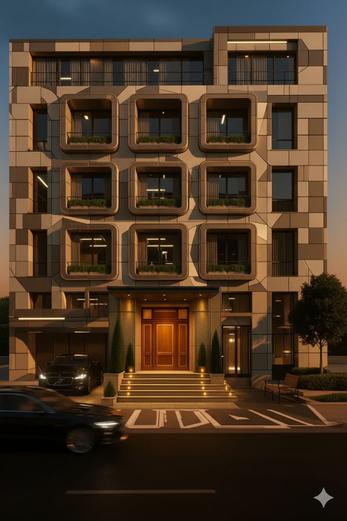 Render with realist hotel design some features on the top terrace floor.