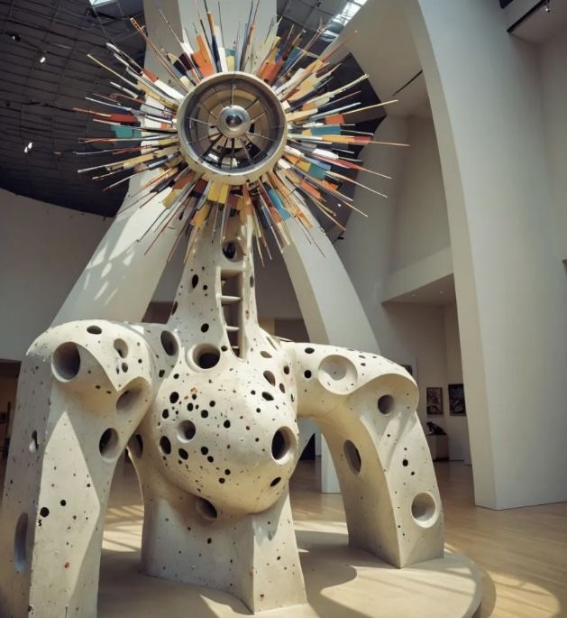 Point of View is flying around a gallery wide angle view taking random angles into a vast room with high skylight ceilings (Art:1.2) paintin...