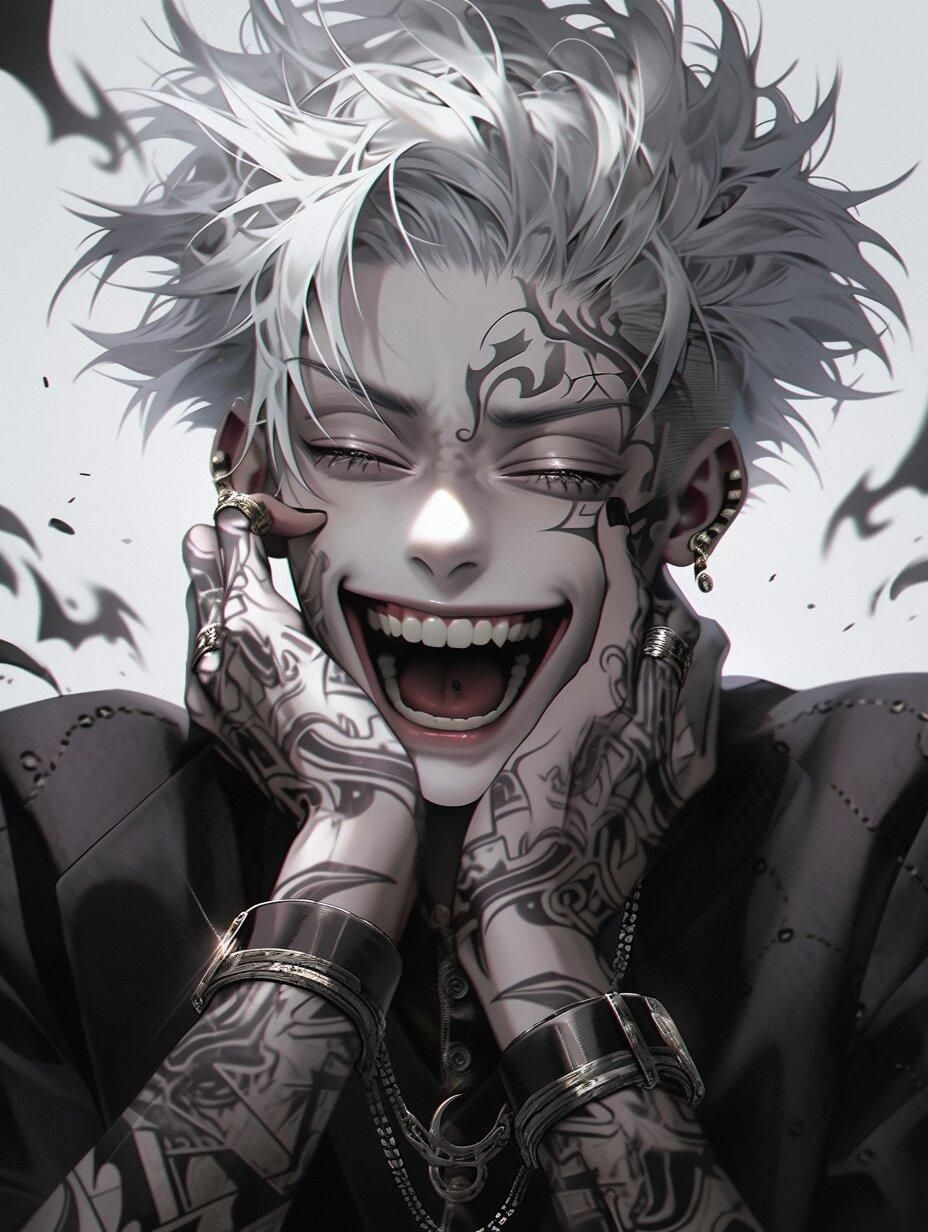 Anime-style androgynous clown avatar with long, fluffy hair in natural mixed or gradient colors. The face should have a neutral, balanced ex...