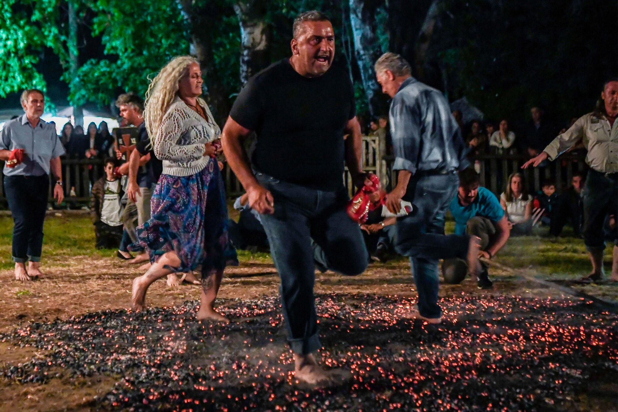 man walking on hot coals, screaming, pain, illustration, extreme detail,