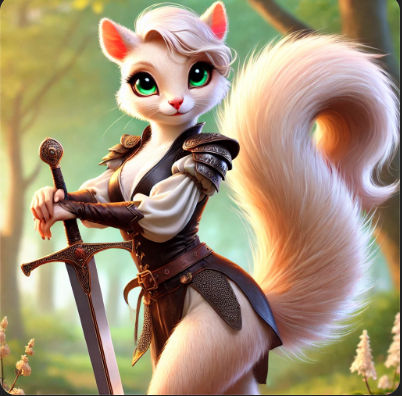 good looking female squirrel warrior, cute humanoid furry face , pale shiny white and grey fur, leather dress, intricate sword, mystical bla...