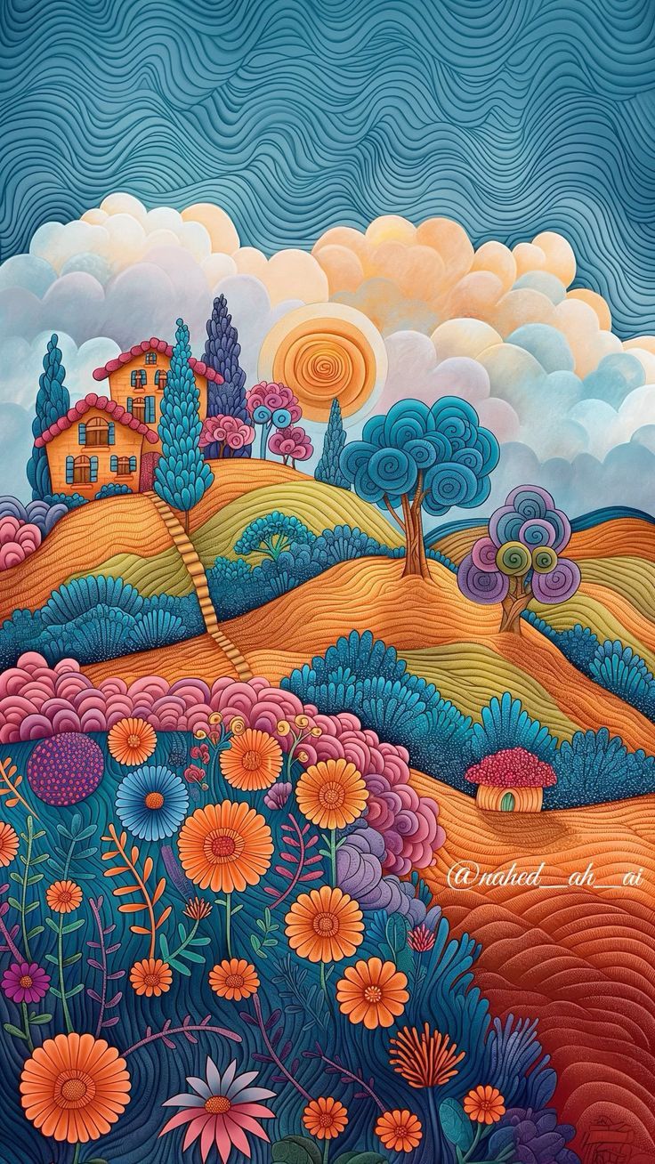 Wild meadow at nighttime with a big moon, many springflowers, trees with green leaves and red white appleblossoms at a calm river by Jean-Ba...