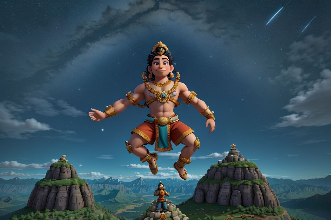 powerful and majestic depiction of Hanuman, the Hindu deity. Hanuman is shown as a mighty figure with a glowing, muscular physique, symboli...