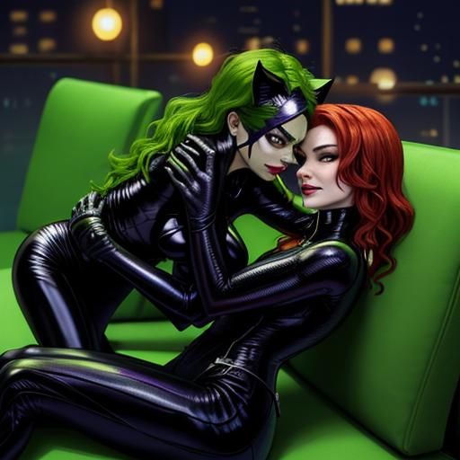 Cat Woman and Poison Ivy are hugging affectionately so (close to kiss:1.5) and cuddling, Created by writer Robert Kanigher and artist Carmin...