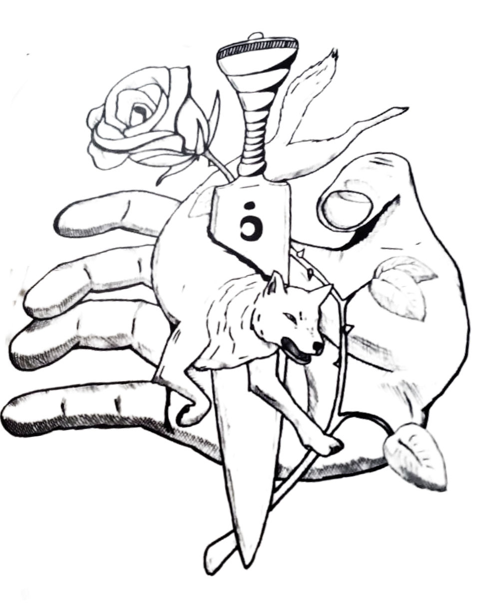 una mano agarrando un puñal, una rosa y un lobo. En negativos