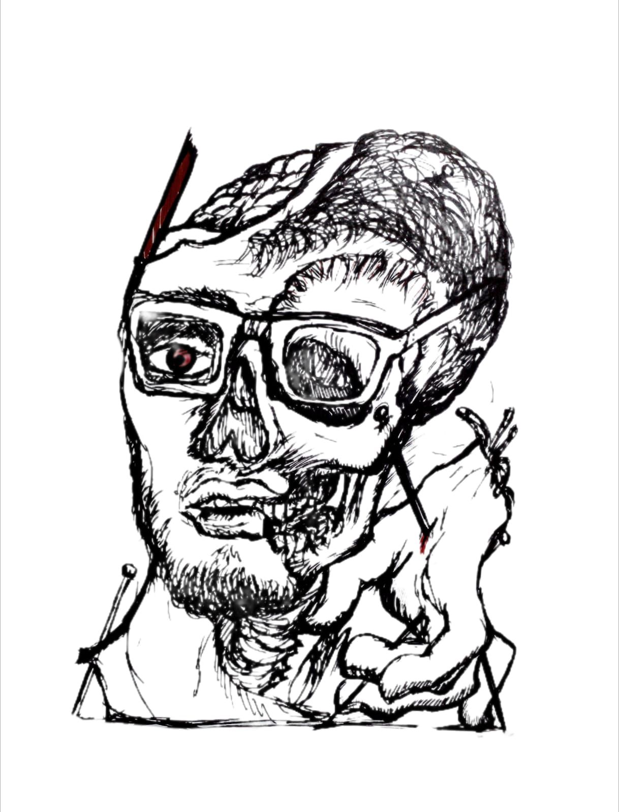 una cara derretida, con cabello, que muestra cráneo y mandíbula con una mano al lado con un clavo que pasa desde el ojo hasta los dedos de l...