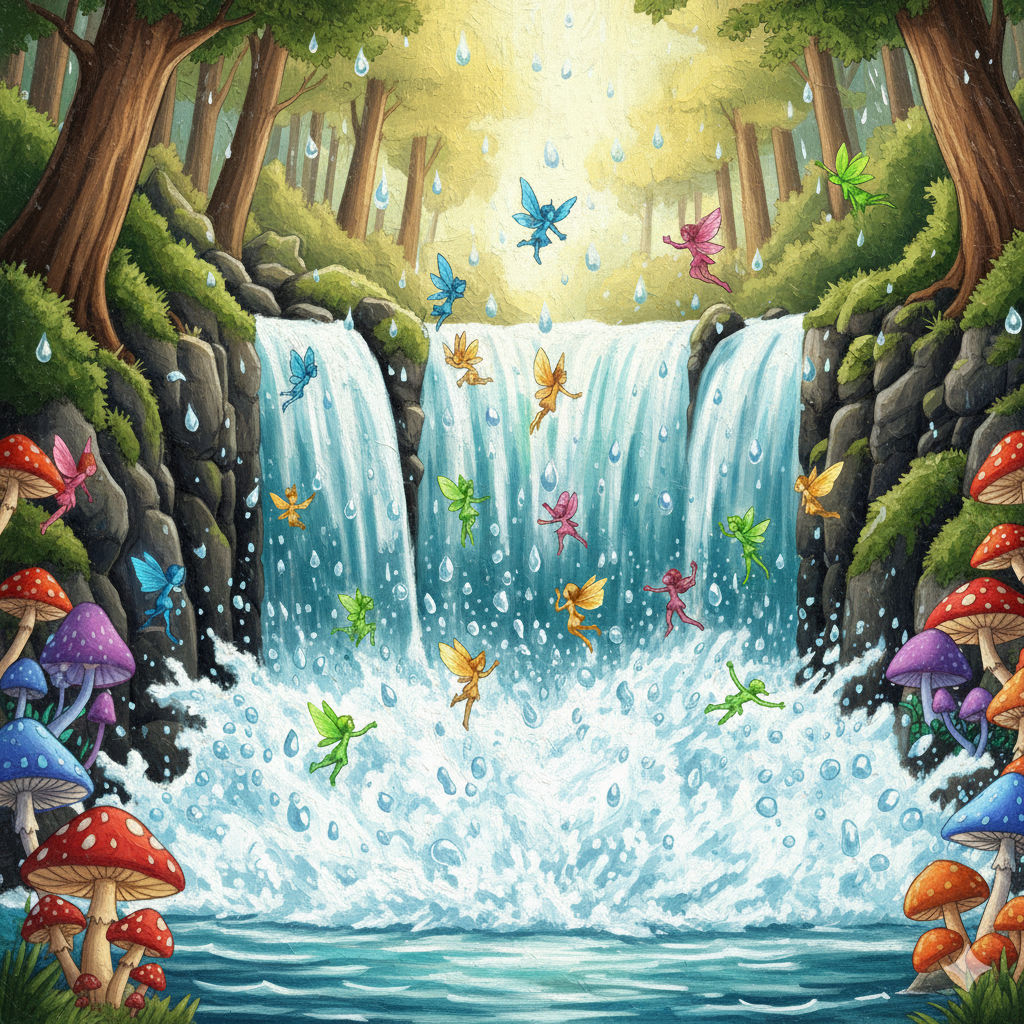 Whimsical Waterfall with Fairies in its Mist