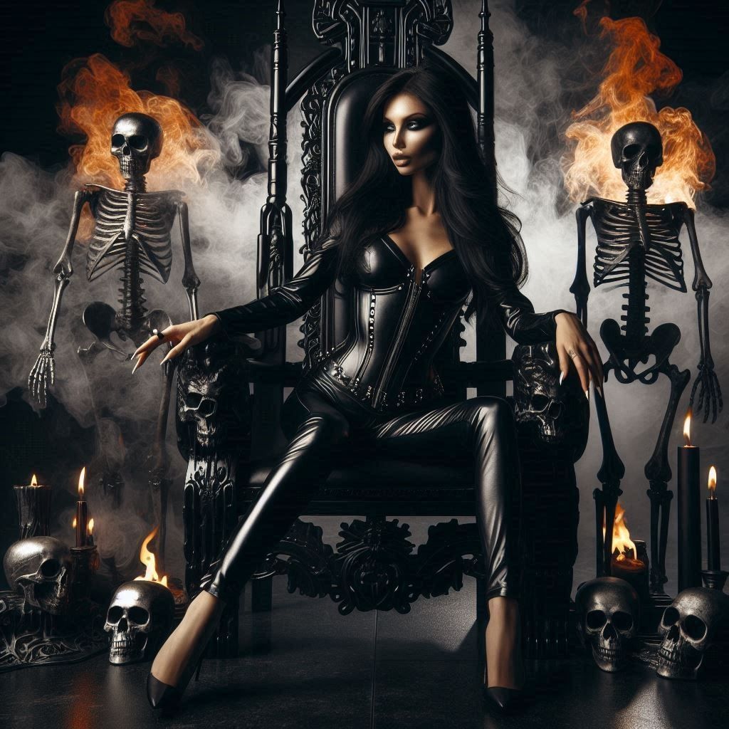 déesse égyptienne glamour de plein pied dans un decor sombre et effrayant cinématique entourer de monstres a masterpiece, 8k resolution, dar...