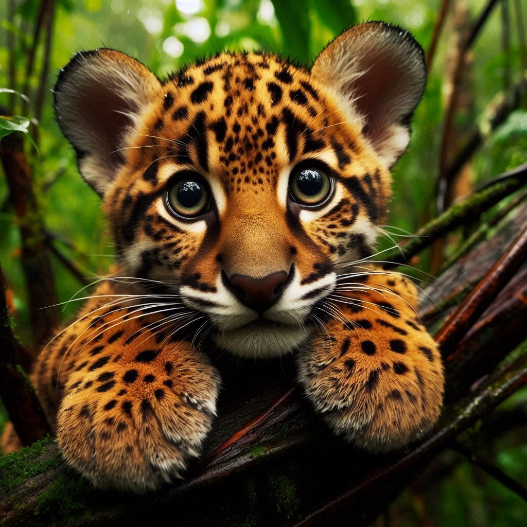 her, gold, adorable Clavicornate metakinesis Jaguar with oversized Big White Eyes, jungle