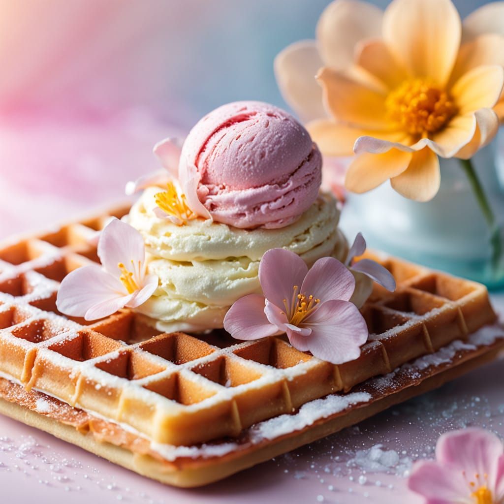 Ice cream in waffle.
Realistyczne lody w rożku, których górna część zaczyna magicznie przekształcać się w delikatny kwiat – np. różę lub piw...