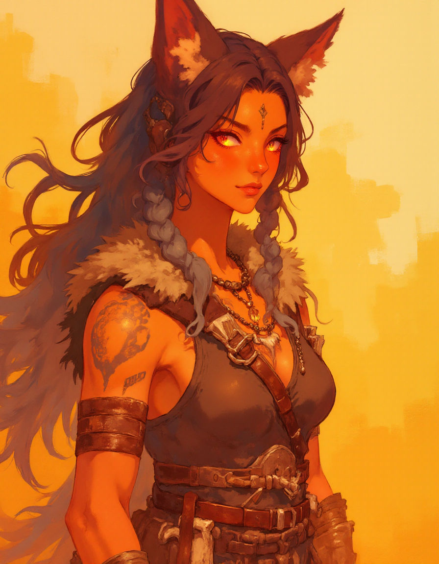 A fierce female warrior with a tall, athletic and muscular build, standing confidently cool. She has long, thick hair with a natural gradien...