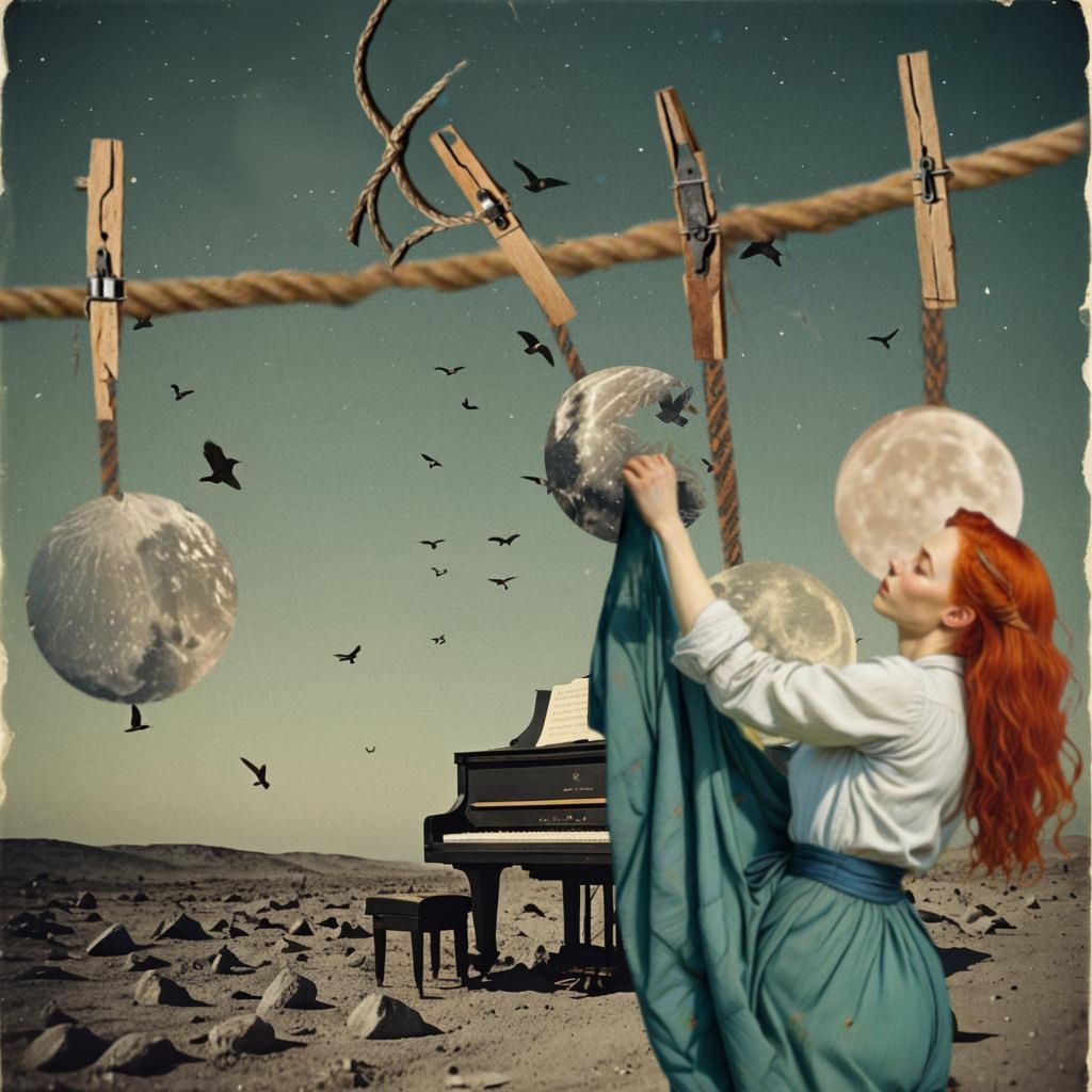 full moons, a red-haired woman is attaching full moons and old clocks  to an unbleached rope using wooden clothespins, the woman is wearing...