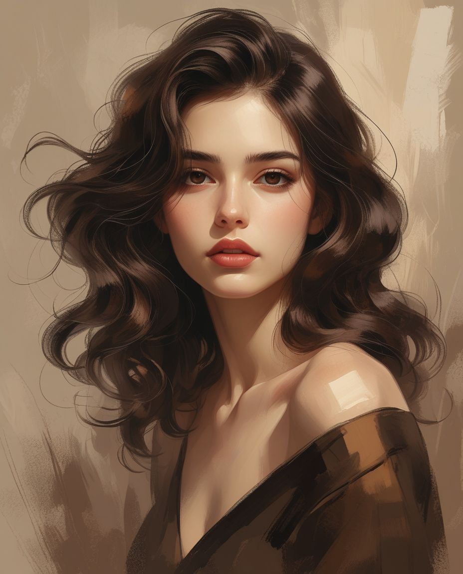 A digital portrait artwork with a soft, ethereal quality featuring a young woman with dark brown wavy hair that flows past the shoulders. Th...