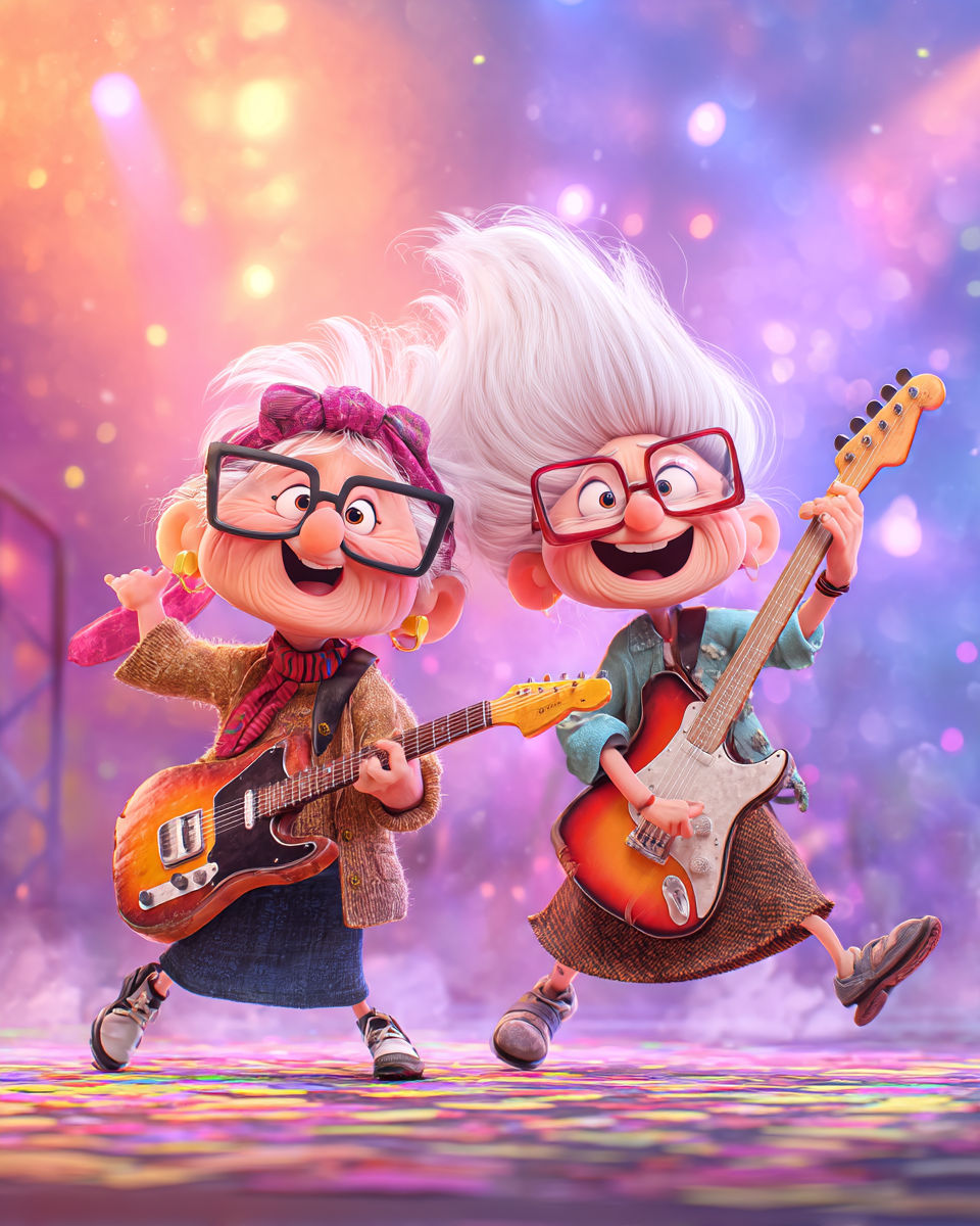 A hyper-realistic cartoon illustration of two elderly women with white hair, glasses, one wearing a headscarf, dressed i...