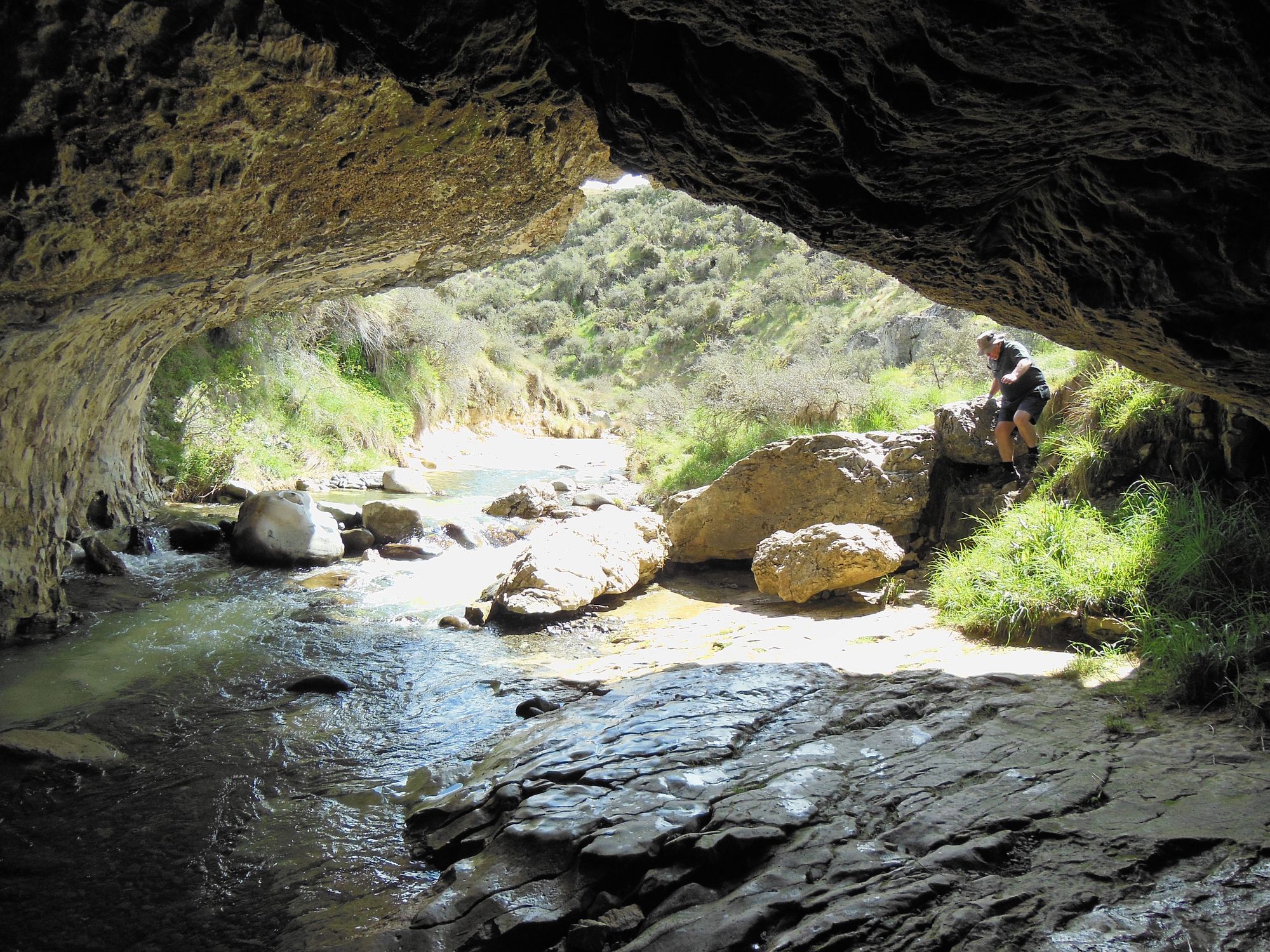 looking out of a cave