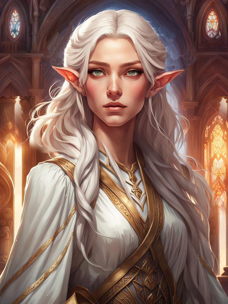 Girl, bard, long white hair, androgynous face, sharp cheekbones, ((((big eyes))), white eyes, snub nose, elf, fairy, elf ears, a smile, a co...