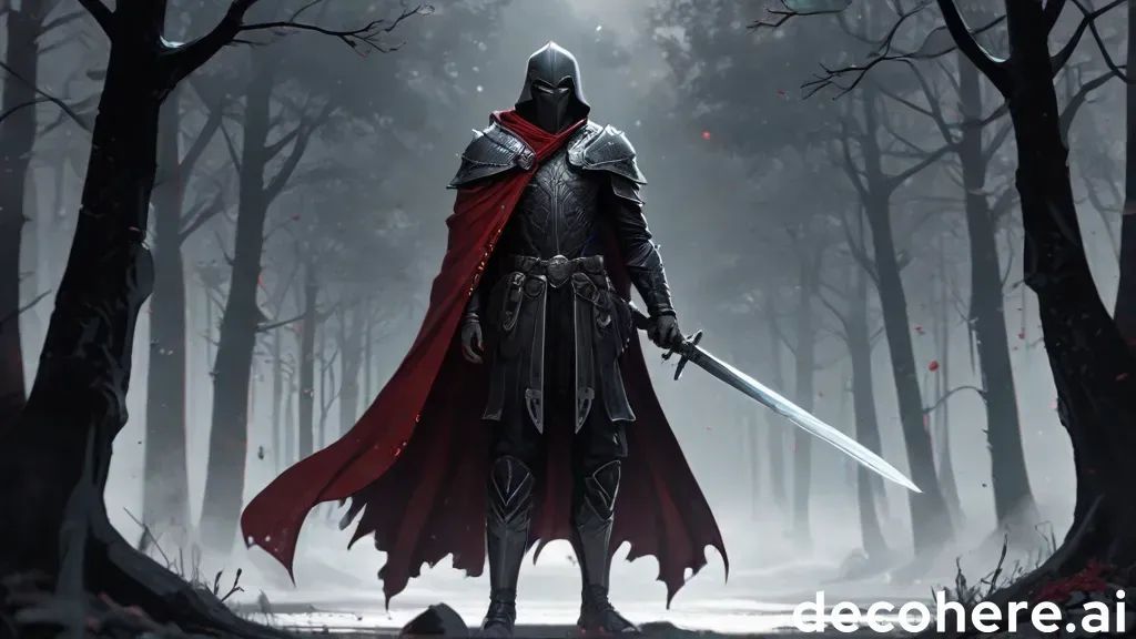 black armor with red accents knight with red cape white dots in the place of eyes he have silver longsword in hands and black-steel sword on...