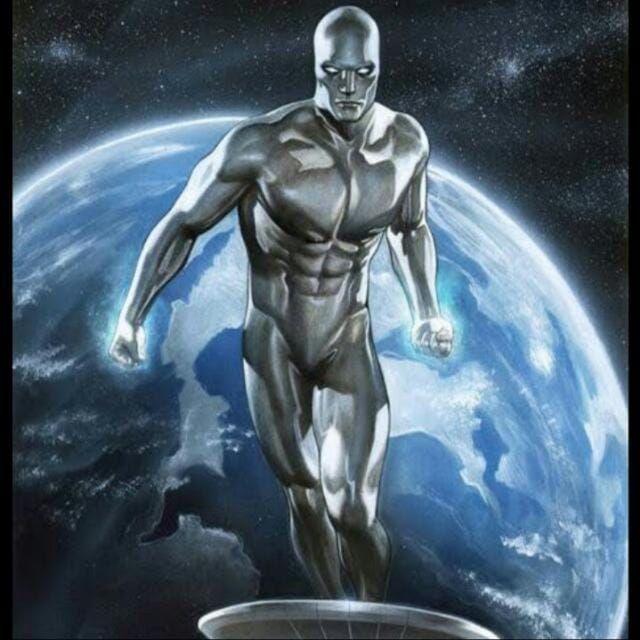 a super hero surfer surfing on a burning golden surfboard with no water in a black space wearing a golden suit which is glowing and with a p...