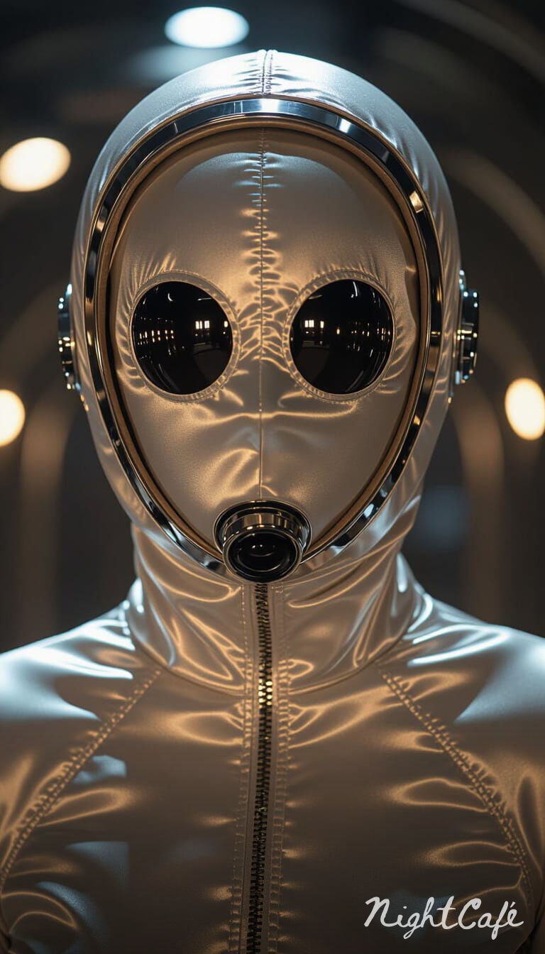 actress wearing satin cocoon spacesuit and satin full head mask with round dark lens covering eyes and satin head Mask covering the face, ey...