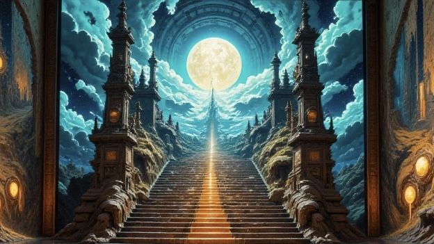 Surreal fragmented dreams. Scenes of moons trapped in cages, infinite staircases winding into nothingness, and shadowed figures weeping molt...