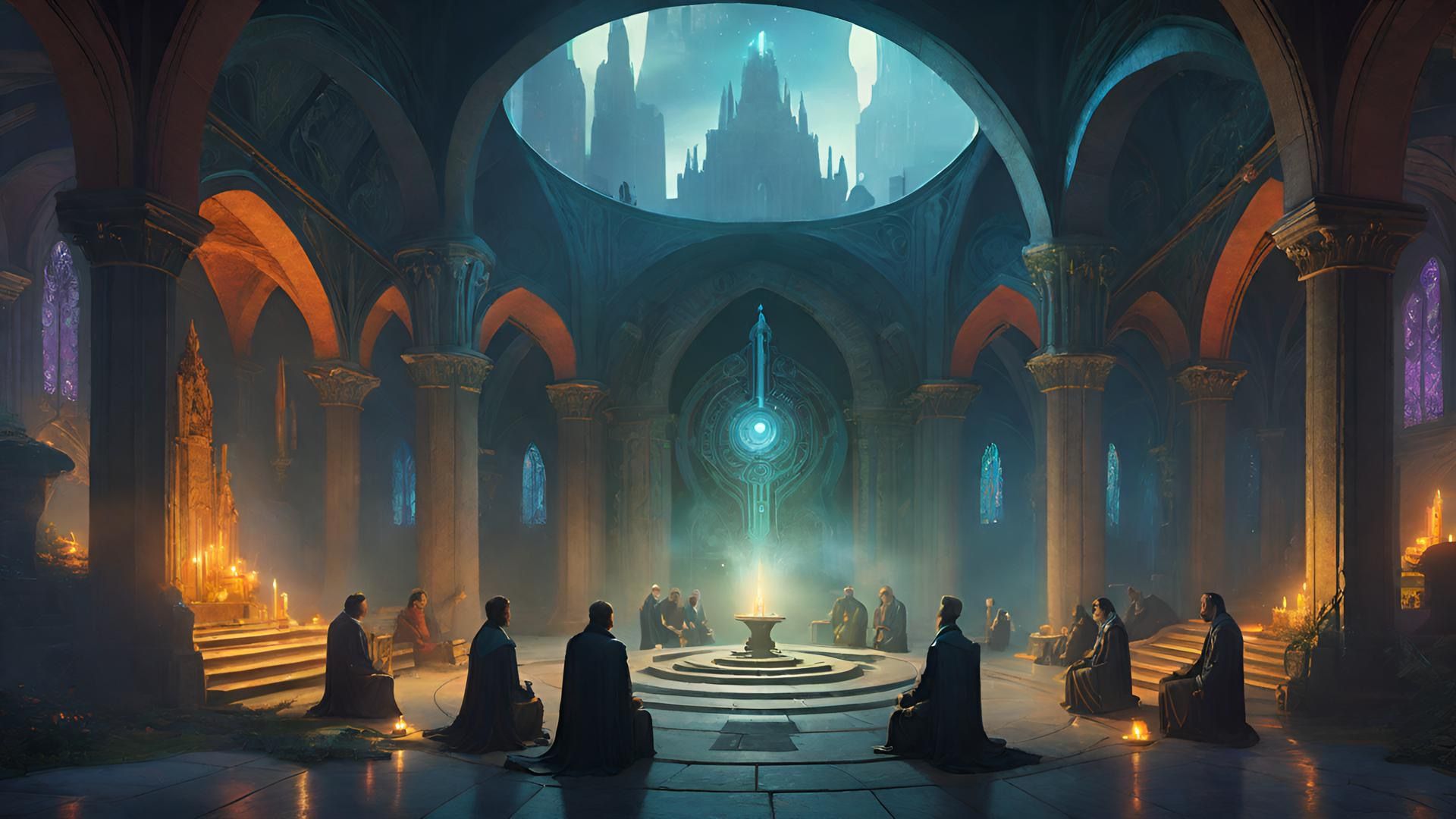 An underground sanctuary beneath a bustling city, featuring ornate architecture with ancient symbols. Members of a secret society gather aro...