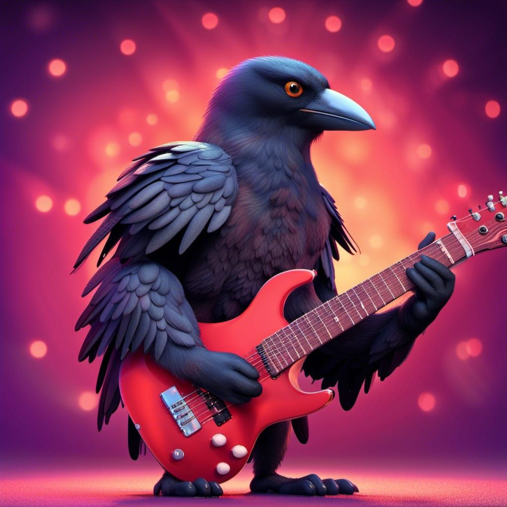 An American black crow playing rock and roll music on guitar on stage in front of an audience of thousands of other black crows. Professiona...