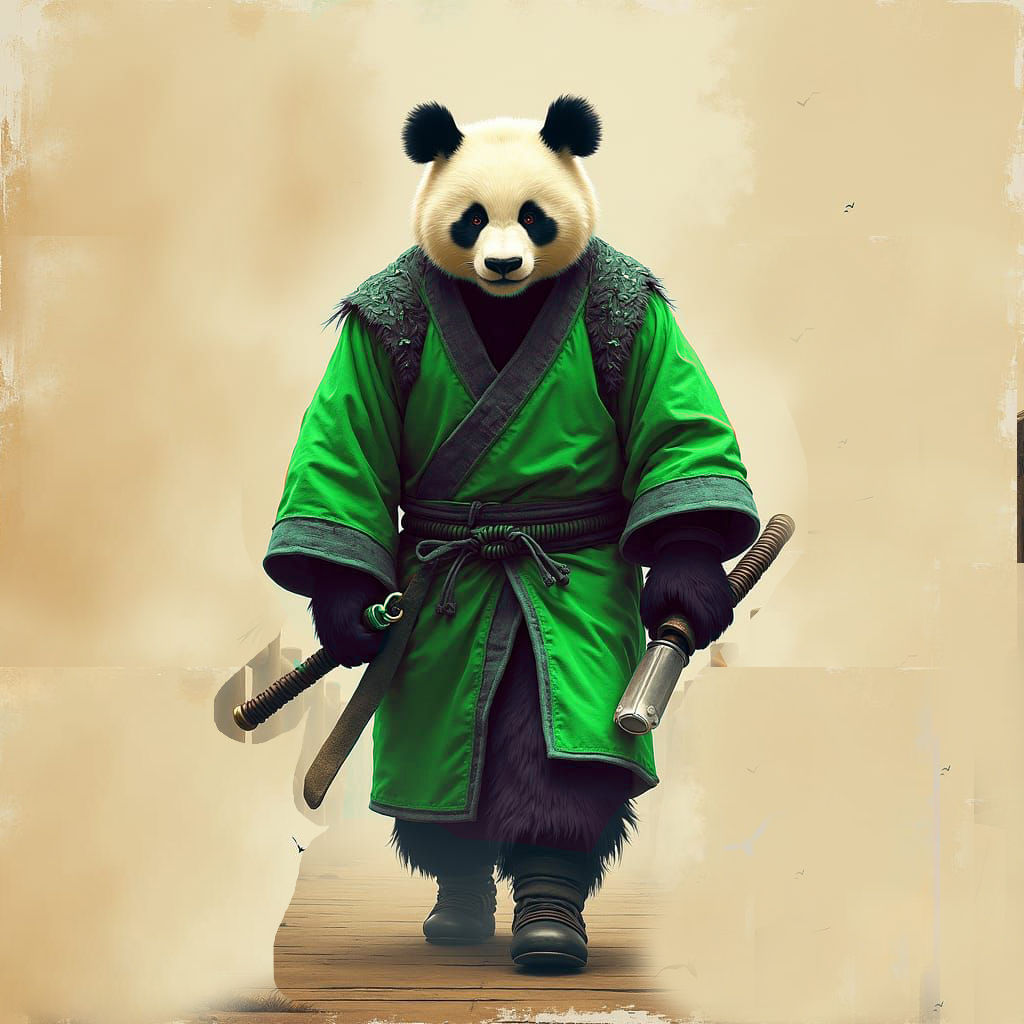 Kungfu humanoid Anthropomorphic Panda bear shogun, wearing traditional sparkling green Wu-tang clan attire with a black belt around its wais...