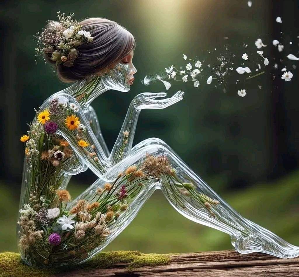 Une belle femme de feu transparente assise dans l'herbe , rendu 3d