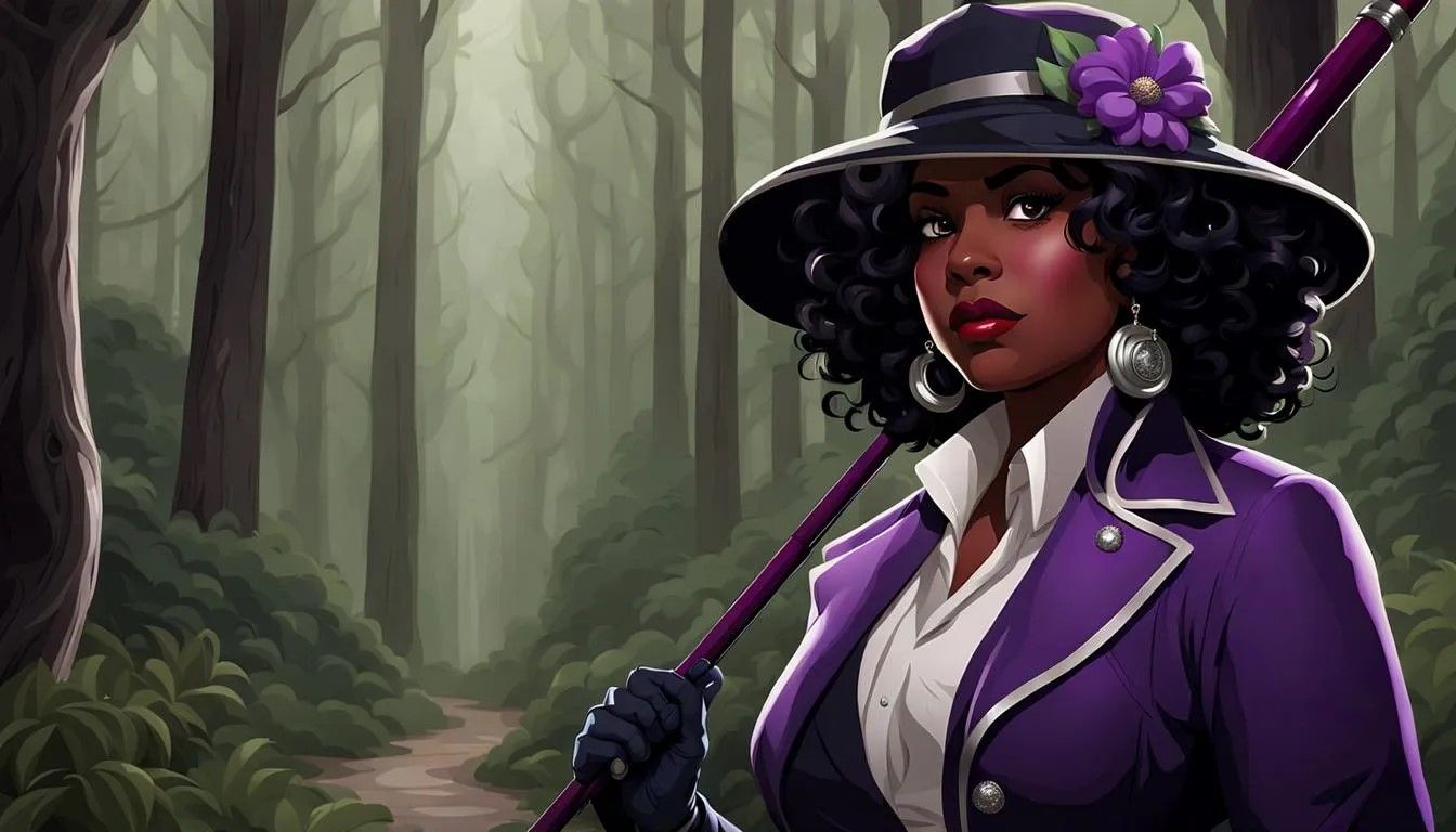 Femme afro maquillée et pulpeuse, costume élégant, chapeau argenté, canne violette, cheveux bouclés, gant noir-violet, boucles d'oreilles do...