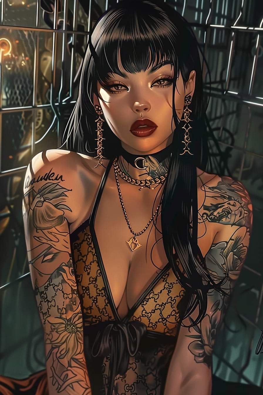 Jeune femme aux tatouages artistiques, allure rebelle,