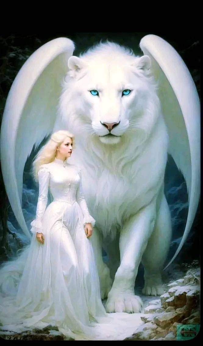 lion blanc avec des grandes ailes protégeant une jeune femmes blondes