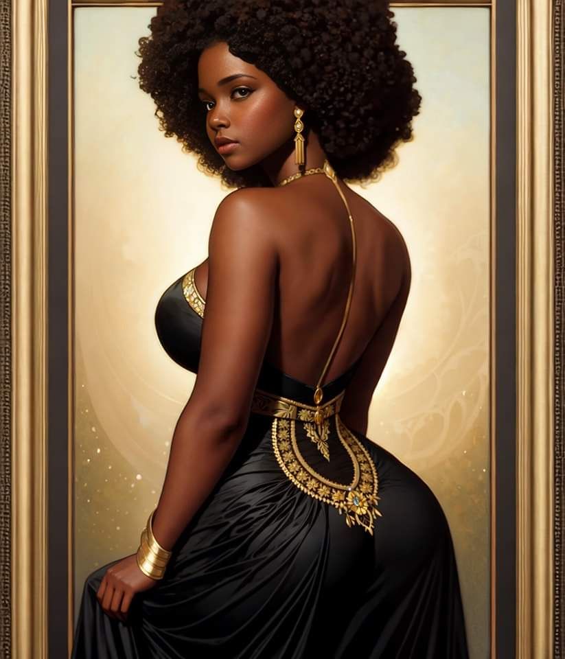 femme afro vêtue d'une robe noire et or