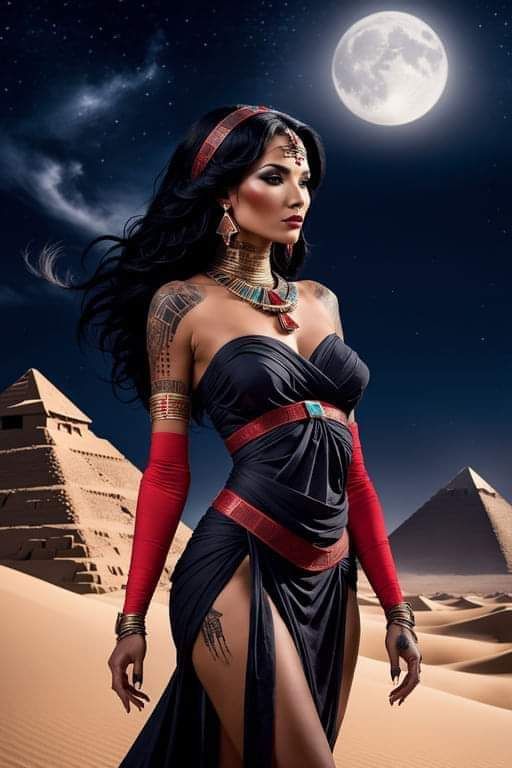 Lune pleine, désert luit, pyramides s'élèvent, femme orientale contemple