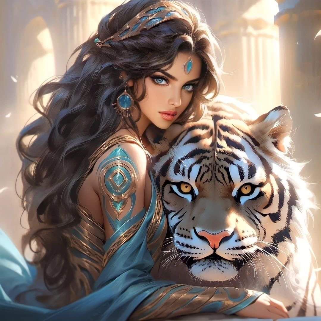 Fille brune tatouée avec un tigre dans les bras