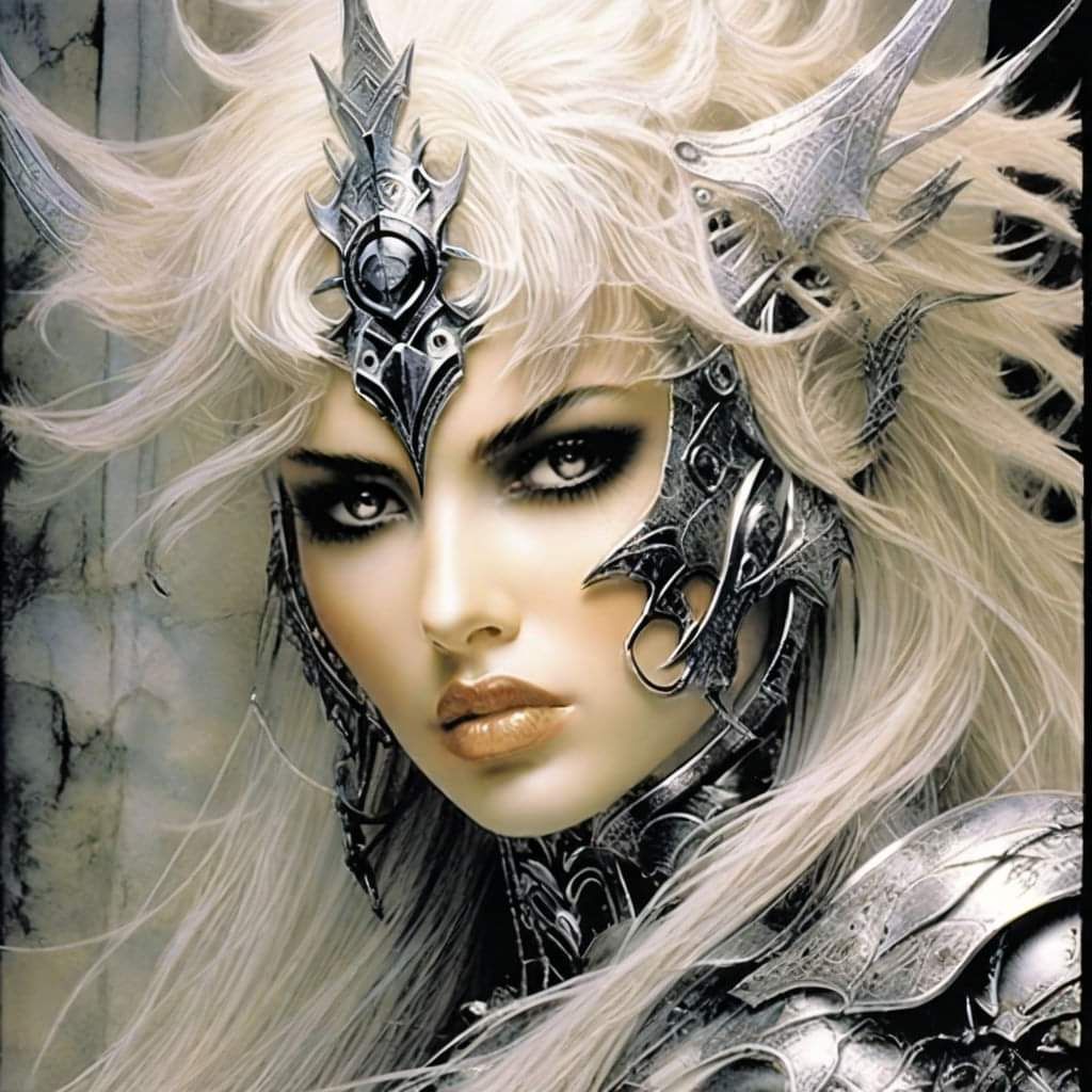 Femme pulpeuse aux cheveux blonds ébouriffés portant une imposante armure argentée.