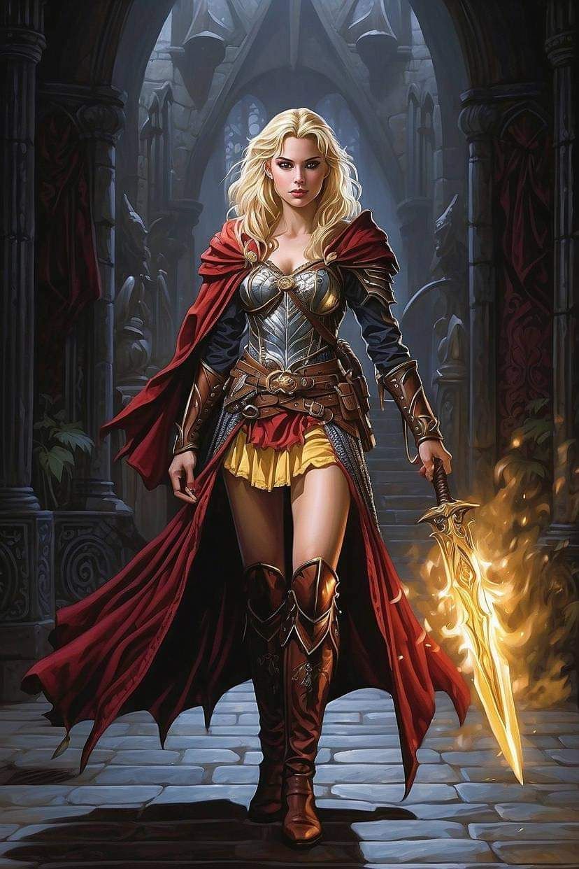 Amazone guerrière blonde avec épée ardant