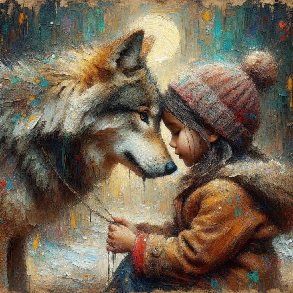 The image is a textured impressionistic digital painting depicting a young boy and a wolf in a close and intimate pose. The boy, who has med...