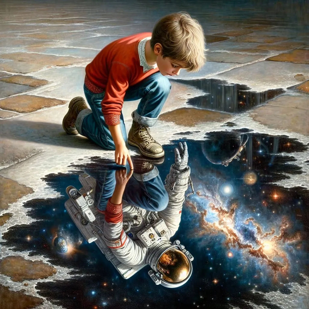 A poor little boy looks at a puddle of water on the floor and sees the reflection of a boy with a violin, musical notes in the air.