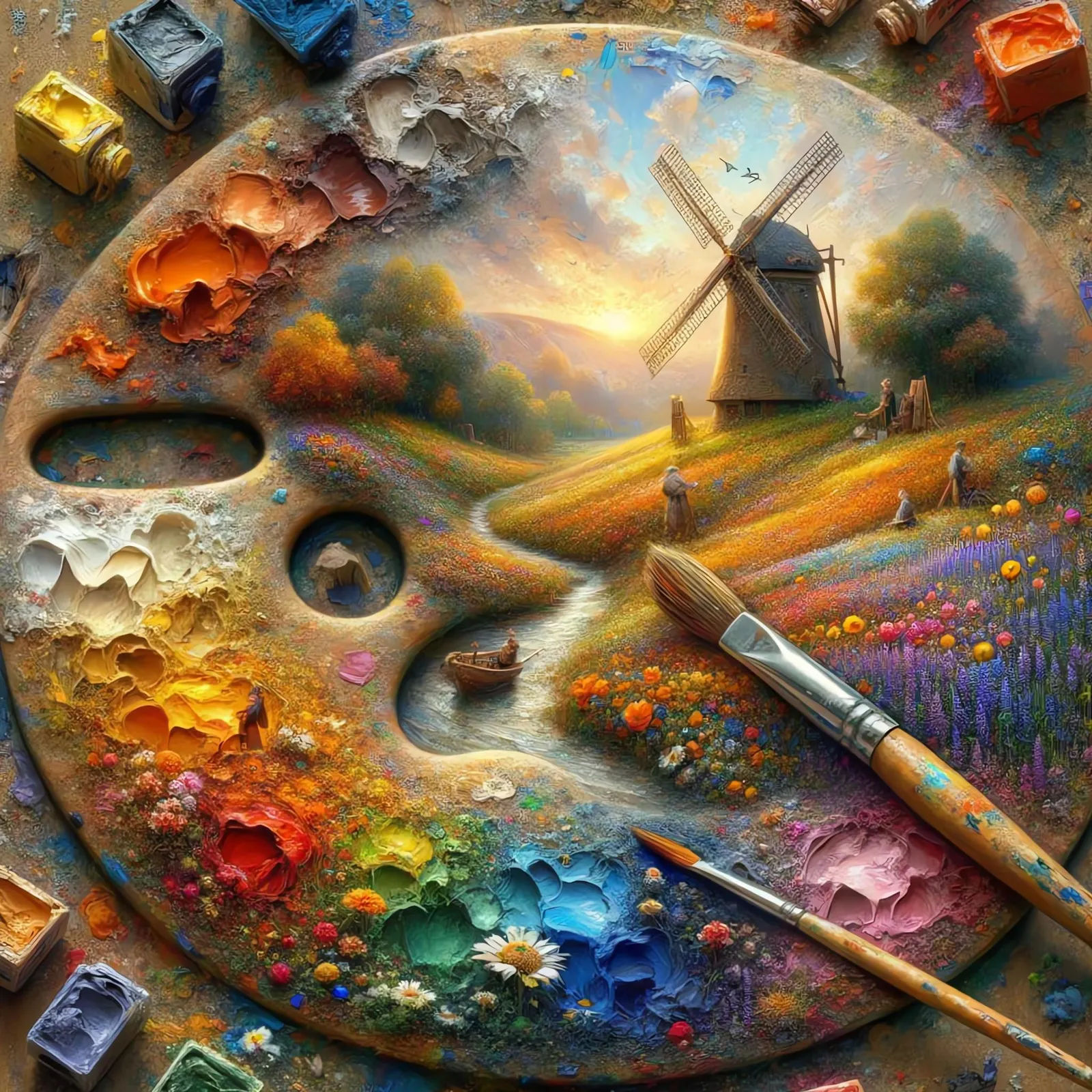 A highly detailed fantasy art of a painter's palette in close-up with a worn brush. The surface reveals a miniature impressionistic landscap...