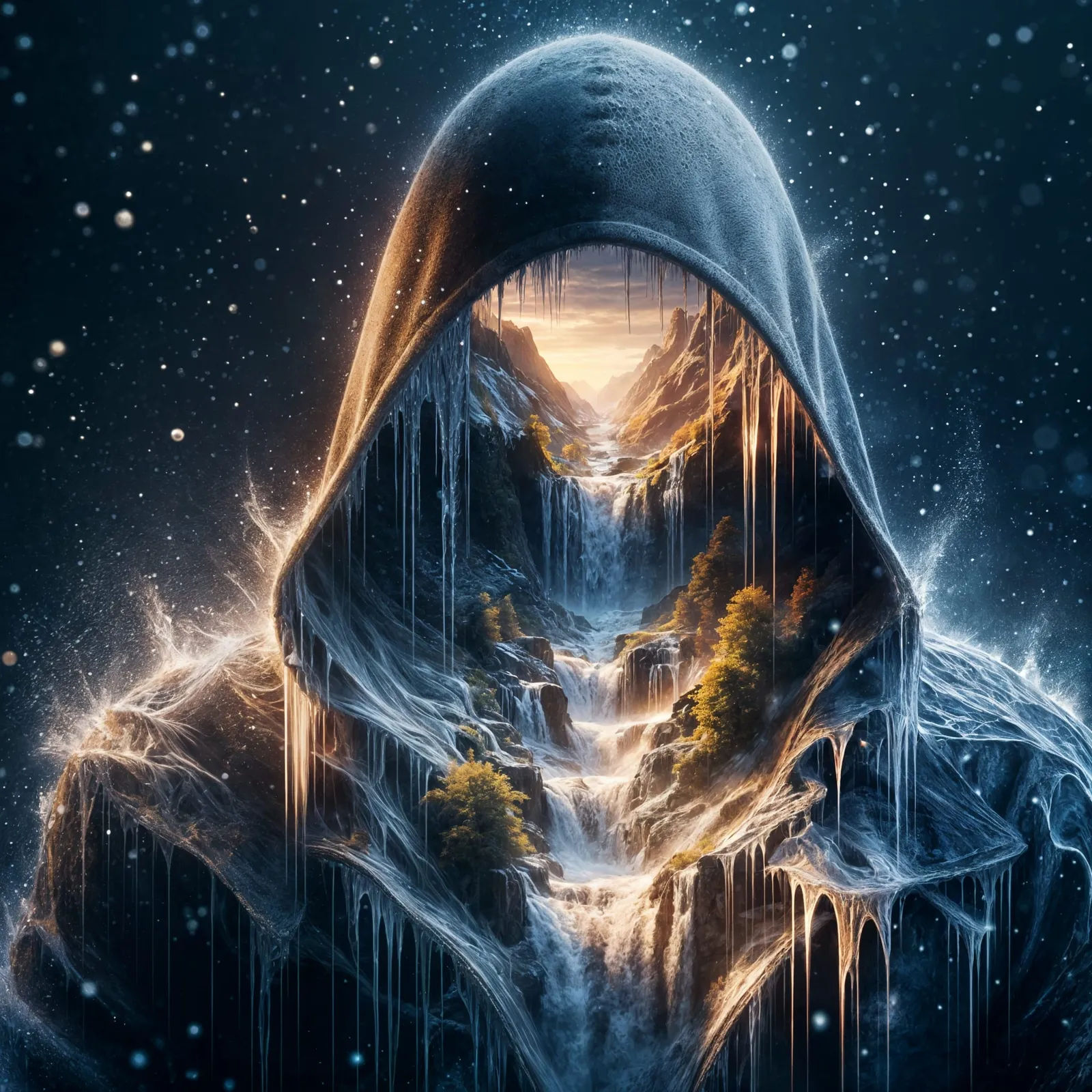 This digital artwork features a surreal and imaginative composition, combining elements of nature and mysticism. The central subject is a ho...