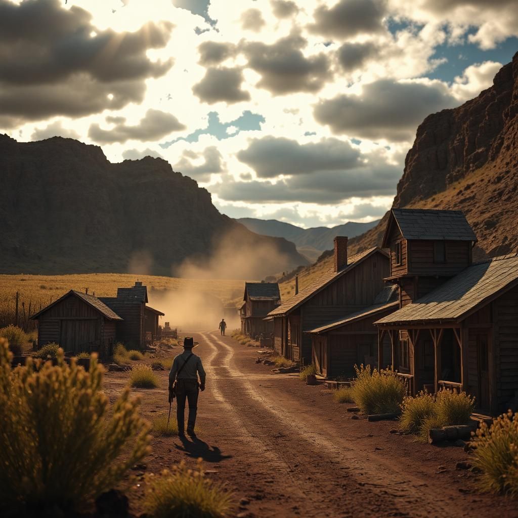 A cowboy riding through a wild west town. There is a mine in the distance and snow topped mountains
