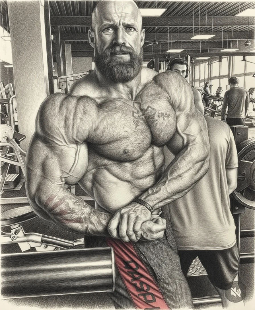 An imposing bald, very muscular Caucasian man, age 40, dominates the foreground of a gym. He stands bare-chested, showcasing his massive phy...