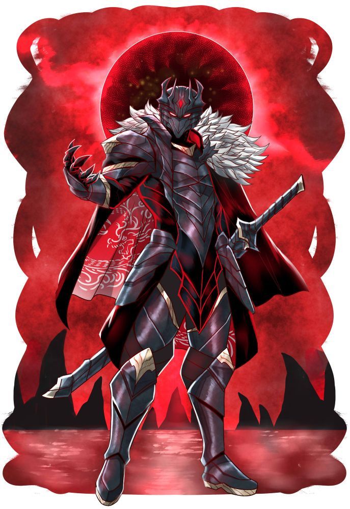 a dark, armored warrior with angular, sleek armor in a metallic black and red color scheme. The character has red highlights running through...
