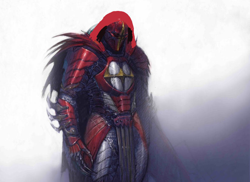 A fearsome warrior clad in deep crimson red and silver armor with gold accents. The chest features a prominent golden star emblem, and a hoo...