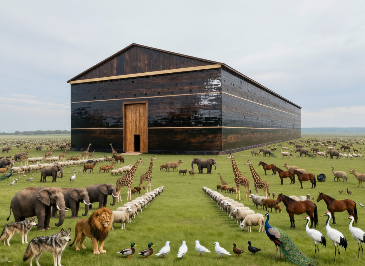 All the animals are entering the Ark, and the photo is taken from a drone above the Ark.
