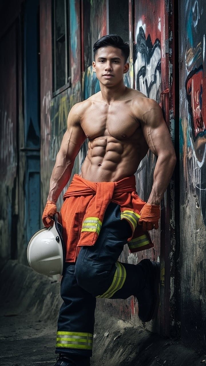 A muscular, shirtless Asian man in firefighter gear leans against a graffiti-covered wall in a narrow alleyway. He is th...